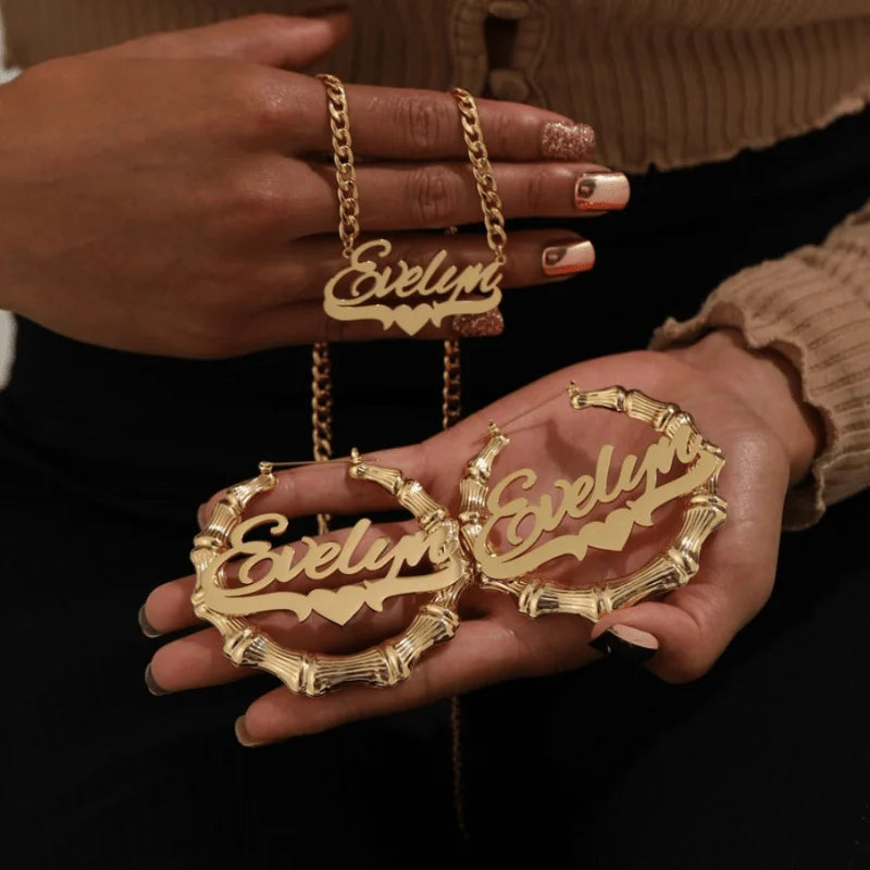 Personalized name bamboo earring and necklace set